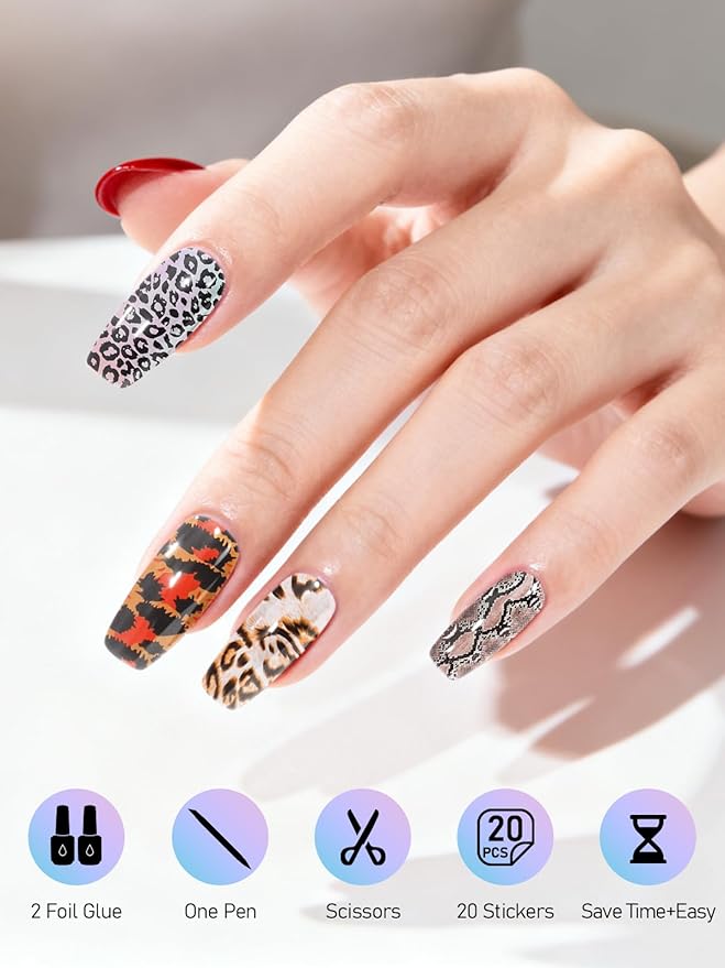 Kalolary 30ML Nail Foil Glue Gel with 20Pcs Foil Transfer Stickers Set, Laser Leopard Transfer Stickers DIY Decoration for Salon or Home Use