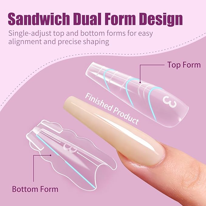 280 Pcs Original Sandwich Nails Dual Form with Guide Lines Long Ballerina Nail Mold for Builder Gel Nail Extensions Art Design Salon DIY at Home
