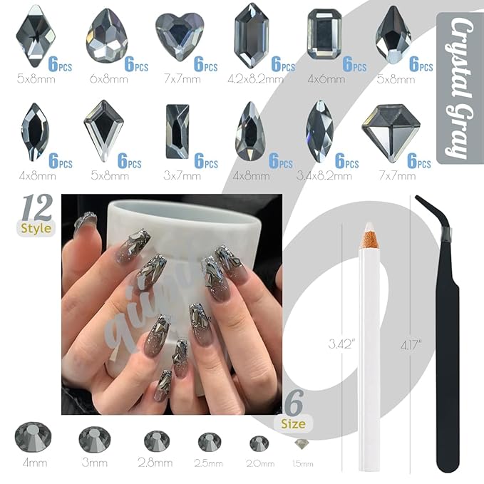 2052Pcs Black Diamond Nail Rhinestones Multi Shapes Crystals Flatback K9 Glass Dark Gray Stones Gems Round Beads Jewels Crystals Charms for Nails Face Eyes Makeup Shoes Crafts Tumblers Bottles