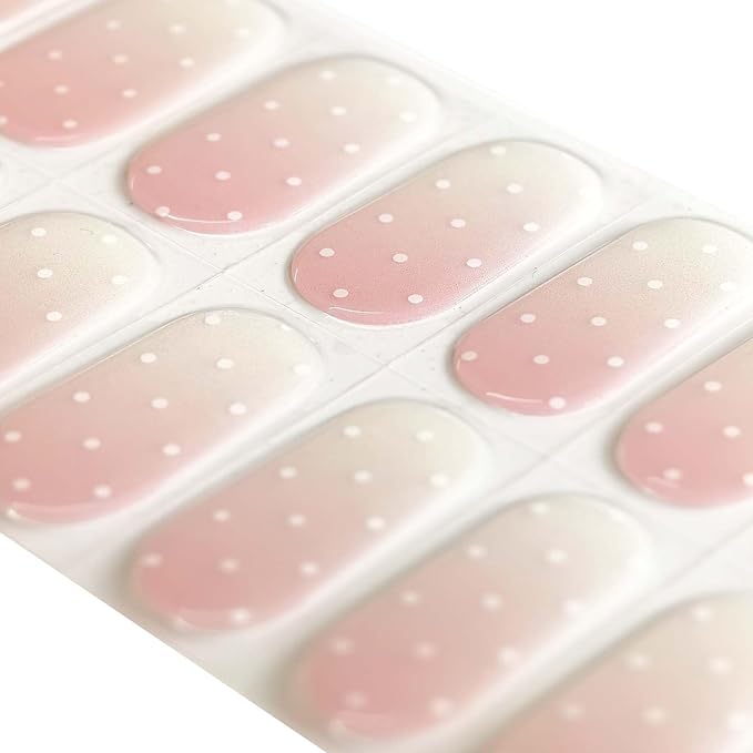 Polka Dot Semi Cured Gel Nail Strips - Pink Ombre Nails with White Dots, DIY Nail Art Kit, Salon Quality at Home Manicure, 20PCS Long Lasting Gel Nail Polish Strips