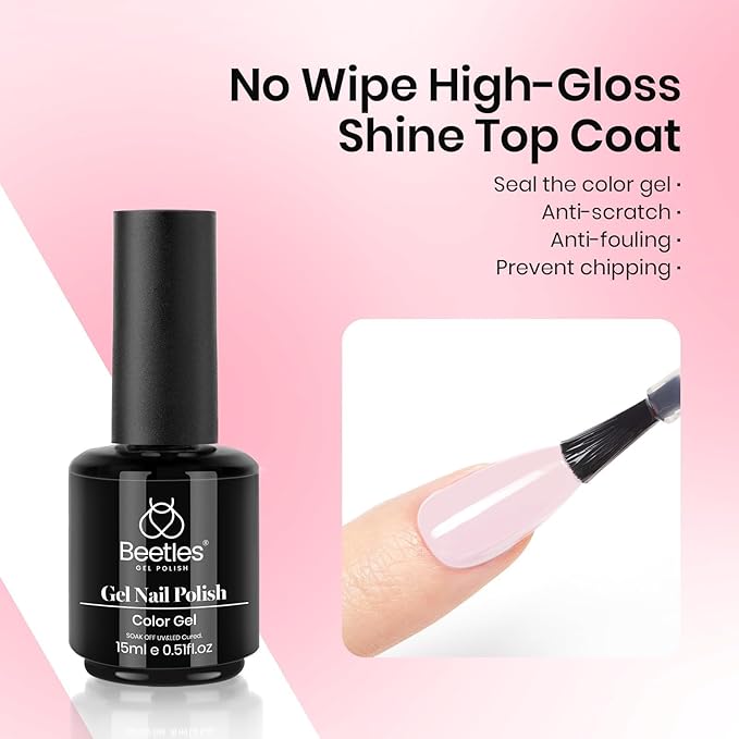 beetles Gel Polish 3 Pcs 15ml No Wipe Gel Top and Base Coat Bubble Bath Gel Polish Soak Off Uv Lamp-Long Lasting Glossy Top Base Gel Milky Pink Gel Nail Polish Jelly Gel Polish Set for Women