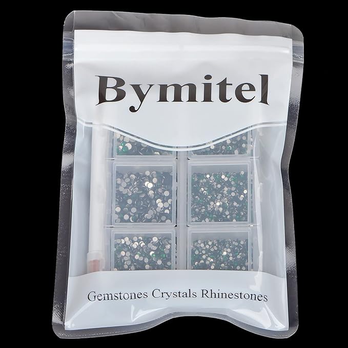 Bymitel 7200 Pieces 6 Mixed Sizes Glue Fix on Glass Rhinestones Round Crystal Gems Flatback for DIY Jewelry Making with one Picking Pen(6-Sizes 7200PCS, Emerald)