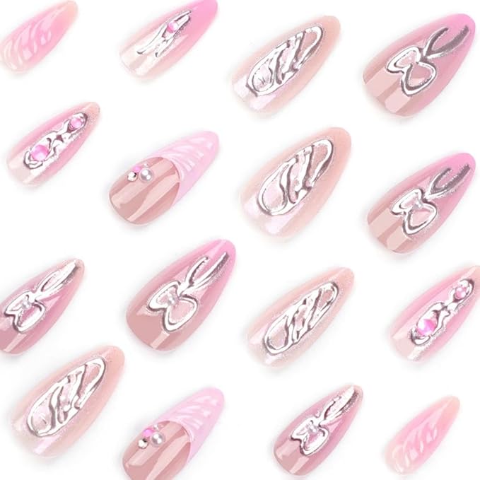 Handmade Press on Nails Medium Almond Fake Nails with Silver Bow Charm Design Pink French Tips Glue on Nails Pearl Water Ripple False Nails Glossy Reusable Summer Nails for Women Girls Manicure 24pcs