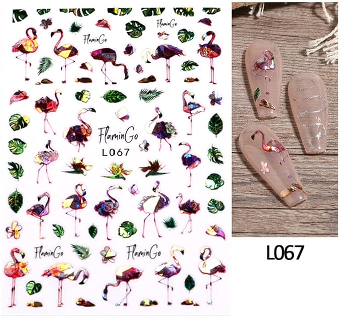 Flowers Nail Art Stickers, 3D Floral Flamingo Parrot Peacock Feather Nail Self-Adhesive Sticker Designs, Laser Glitter Flower Nail Transfer Decals Supplies for Women Girls Manicure Charms Decorations