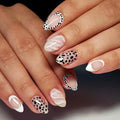 Short Almond Press On Nails, Nude Black White Mix Design Fake Nails with Dotted Tips, Outline French Style and Shimmery Silver Line Art, Glossy Reusable Acrylic Glue On Nails Kit for Women