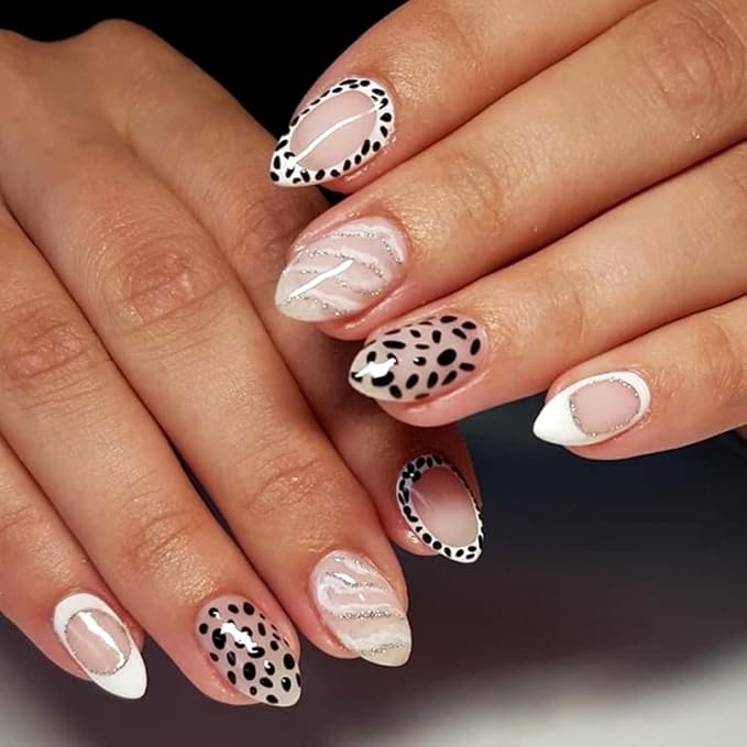 Short Almond Press On Nails, Nude Black White Mix Design Fake Nails with Dotted Tips, Outline French Style and Shimmery Silver Line Art, Glossy Reusable Acrylic Glue On Nails Kit for Women
