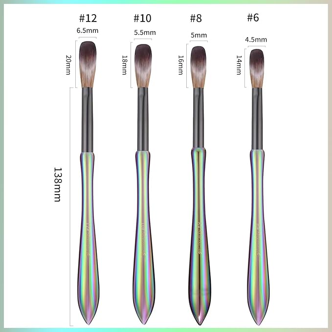 4Pcs Professional Acrylic Nail Brush Set, Size 6/8/10/12, Holographic Gradient Handle Nail Brushes for Acrylic Application Powder & Nail Extension, Nail Carving Tools for DIY Home Salon