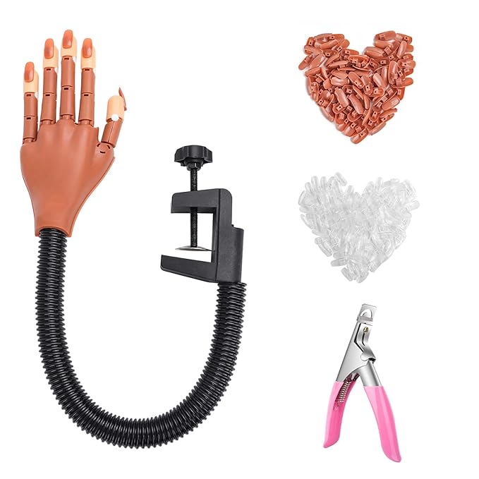 LIONVISON Practice Hand for Acrylic Nails-Flexible Moveable Fake Hand for Nail Practice, False Nail Mannequin Hands Training with 200PCS Replacement Tips and 1 Clipper