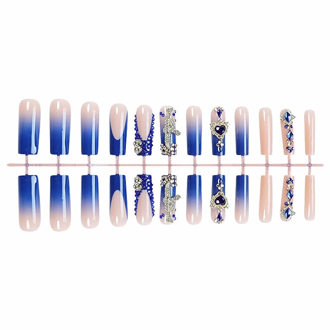 MISUD Press on Nails - Long Square Glue on Nails with Royal Blue, Acrylic Y2K Gun Rhinestone Design 24 pcs