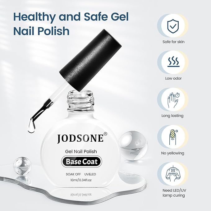 JODSONE 10ml Base Coat Gel Nail Polish Glossy Durable Gel Soak Off Clear No Wipe Nail Salon and DIY Home Need U V Lamp Curing