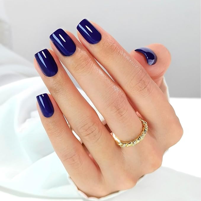 LAMIMOSA 32Pcs Press On Nails Short Square – Soft Gel Navy Blue Fake Nails in 16 Sizes, Reusable Glue on Nail kit, NAVY BLUE