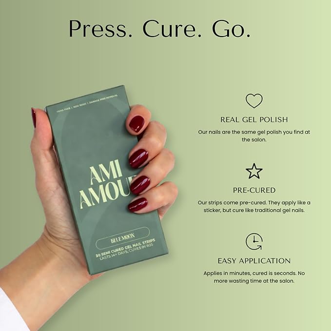 Ami Amour- Gel Nail Strips Cured Polish Color That Pops (Last 14+ Days) | Semi Cured Nail Sticker Wraps For Quick Easy Application (Cherry Red)