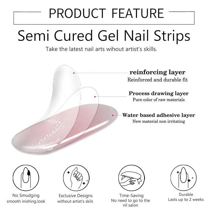 WOKOTO 1 Sheets Transparent Pink & Wave Cat Eye Design Semi Cured Gel Nail Strips With Nail File & Wooden Stick For Women, 20 Tips Semi Cured Gel Nails Polish Stickers Strips UV Full Nail Wraps