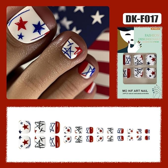 4th of July Press on Toenails Short Square Glue on Toenails with Red Blue Star Design Striped Lines Stick on Toenail Independence Day False Toenail Summer Fake Toenail for Women Manicure 24Pcs