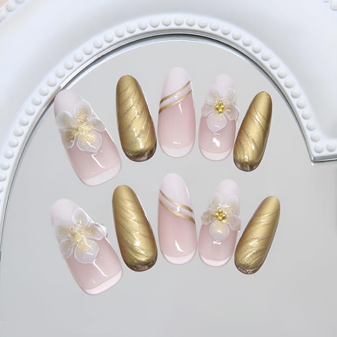 Flower Fake Nails Medium Almond Press on Nails Gold Nails Press Ons Glossy Full Cover False Nails with Rhinestones Design Acrylic Glue on Nail Reusable Stick on Nail for Women Decorations 24Pcs
