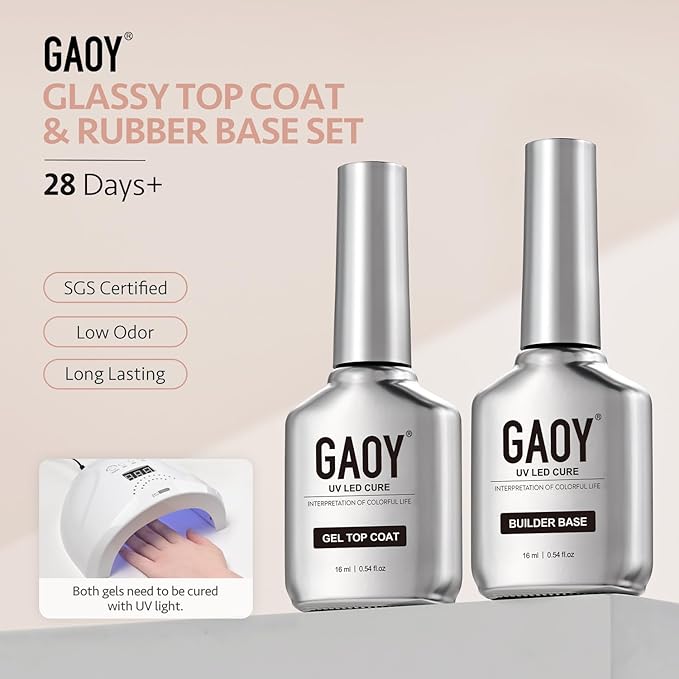 GAOY 2 Pcs Glassy Gel Top Coat and Rubber Base, Jelly Builder Base Nude Sheer Pink 02 Nude Jelly with Detailed Liner Brush, Soak Off Nail Strengthener UV Light Cure