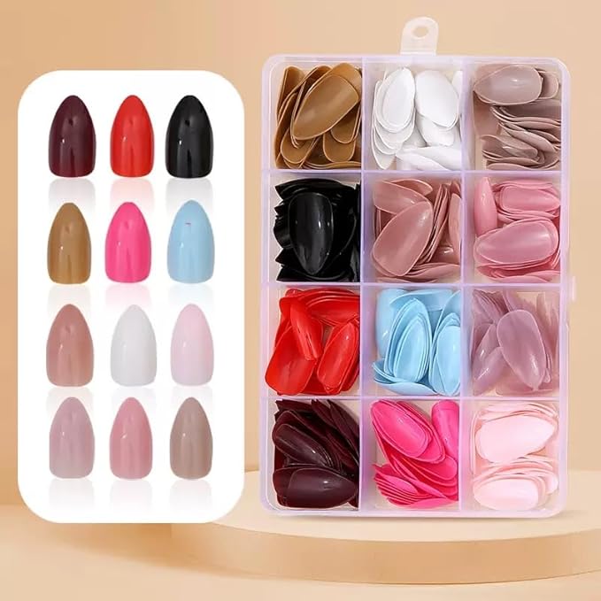 288Pcs Almond Press on Nails Solid Color False Nails Tips Medium Fake Nails Reusable Glossy Acrylic Artificial Nails Full Cover Glue on Nail for Women Manicure Deco 12 Size - 12 Colors