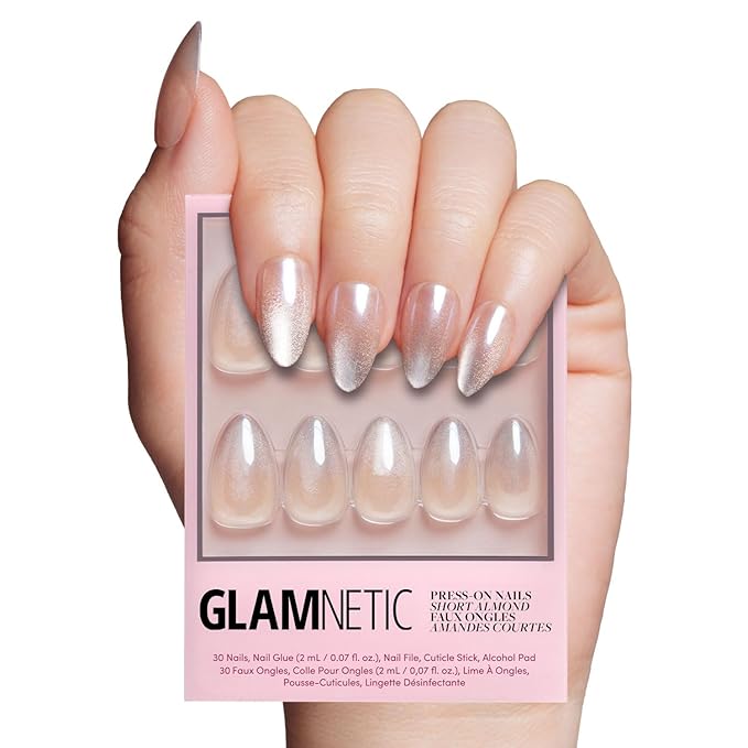 Glamnetic Press On Nails - Polar Night Fake Nails | Short Almond Fake Nails with Ombré Silver Tips and Glossy Velvet Finish, Salon Quality | 15 Sizes - 30 Nail Kit with Glue