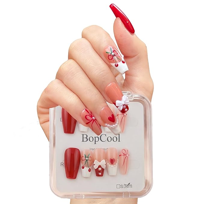 Luxury Handmade Press On Nails - Coffin Shaped Fake Nails with 3D Bows & Cherry Pearls, French Red Reusable False Nails, Salon-Grade Multi-Layer Gel Acrylic Nail Art（M-10PCS)