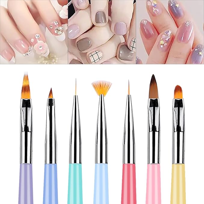 SILPECWEE 7pcs Acrylic Nail Art Brush Set Nail Polish Brushes Nail Design Tools with Extension Gel Brush Polish Brush Carved Brush Nail Art Liner Brushes Manicure Brush Nail Art Tools