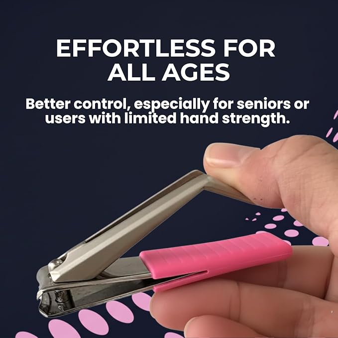 Nail Clippers, Stylish, Comfortable for Seniors, Fingernails, Premium Stainless Steel, Curved Edge, Wide Jaw, Ergonomic, Thumb Rest, Comfort Cuts, Women, Men, Teens, Special Needs, (Pink)