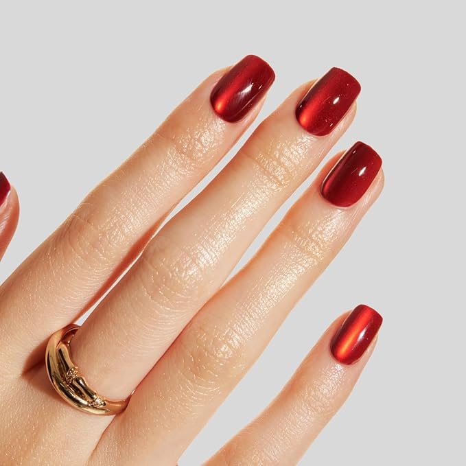 LAMIMOSA 32Pcs Red Cat Eye Press On Nails Short Square, Nail Kit, Soft Gel Fake Nails in 16 Sizes, Reusable Glue on Nails, RED VELVET