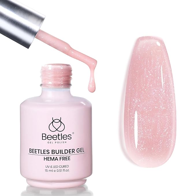 Beetles Builder Gel HEMA Free-Lady with Dreams Glitter Pink 0.51 oz 8 in 1 Nail Thickening Strengthening Building Apex for Beginner DIY Salon at Home, Pink Builder Nail Gel, UV & LED Lamp Cured