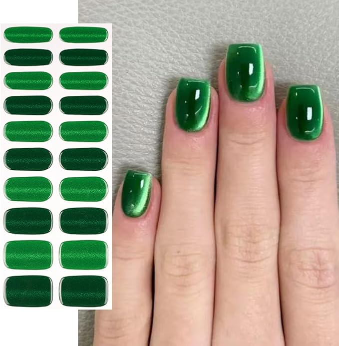 Semi Cured Gel Nail Strips 20 Pcs Green Glitter Gel Nail Wraps,Stickers, UV Light Required Nail Art Design Decoration Accessories