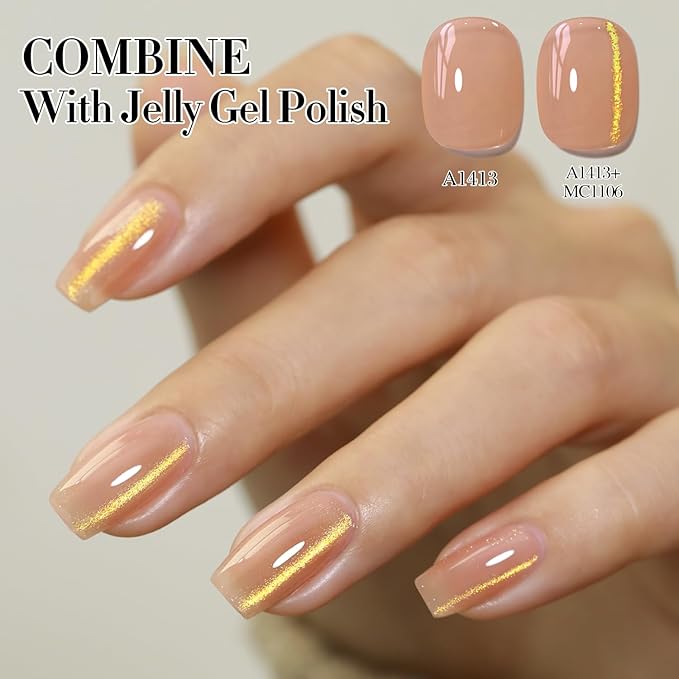 Double Rhythm 0.5 OZ Cat Eye Gel Polish with Magnet 15ML Holographic Glitter Shimmer Translucent Jelly Color Magnetic Polish Salon DIY at Home (Jelly Gold-MC1106)
