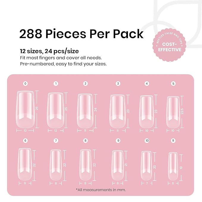 Beetles Gel Nail Tips Etch-X, Square Medium, 288Pcs 12 Sizes, Pre-Etched Half Matte Soft Acrylic False Nail Tips Full Cover Easy DIY Fake Press On Nail Extension Salon Gift for Women