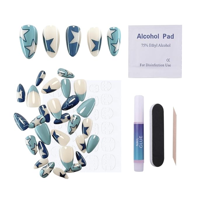 Maniology Press-On Nails Supernova | Short Almond Shape Nail Tips – Light Blue Colored Star-Themed Design, Reusable, Durable & Easy Application, 30-Piece 15 Sizes False Nails Kit