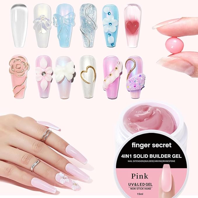 Solid Nail Builder Gel Set, Pink&Clear Extension DIY Non Stick Hand for NailArt, Solid Builder Gel for Long Lasting Manicures Enhancement Poly Nail
