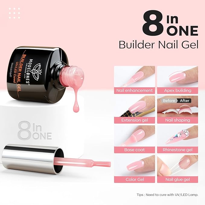 modelones Builder Nail Gel, 2 Pcs Clear and Rose Nude Pink Builder Nail Polish for Thickening Apex Building 8-in-One Rubber Color Base Polish Strengthener Extend Gel LED Lamp Cured 10 ml DIY Salon