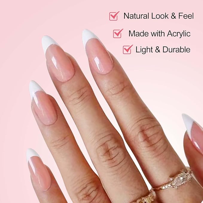 270 Pcs White French Tip Press on Nails Almond Fake Nails Nude Glossy Acrylic Glue On Nails Full Cover False Nail Tips Kit for Women DIY Nail Art Manicure 15 Size