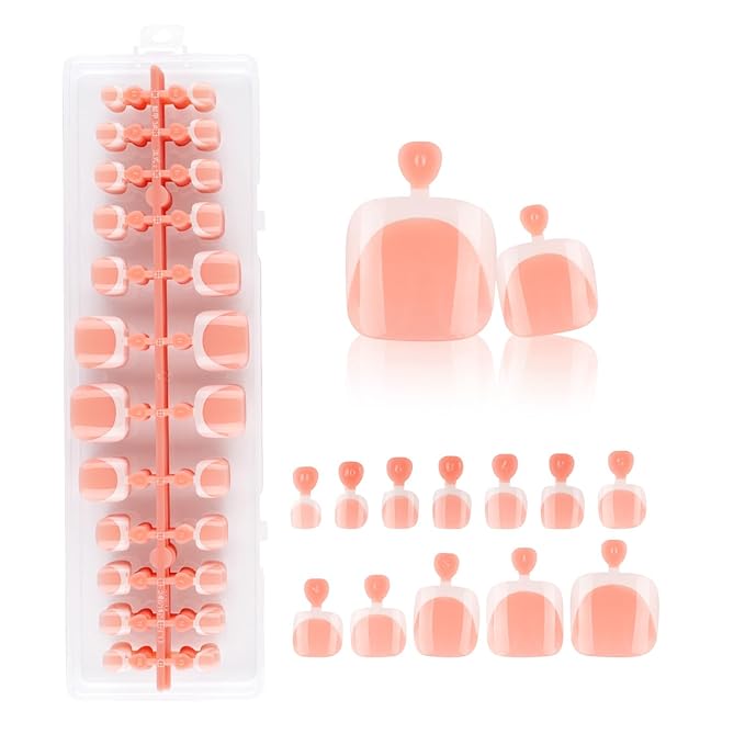 Lamemoria Pre-Design Nude Pink Gel French Nail Toetips, Short French Press On Toenails Square Shape, Basic Fake Nails With Glue Tabs 240 Pcs/Set