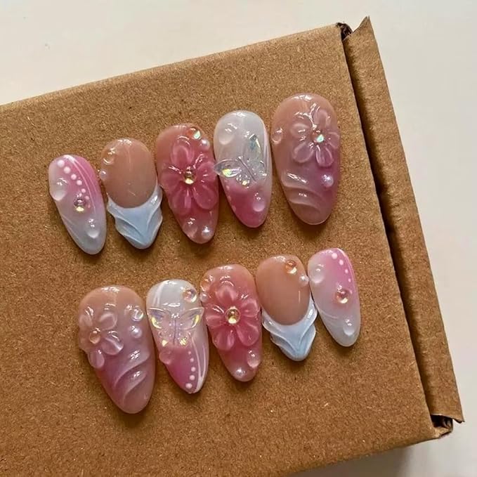 Press On Nails Medium Almond Nails, Handmade 3D Design Fake Nails with Thick Acrylic Multi-Layer Gel Nails, Reusable Durable DIY Artificial Nails for Women (10 Pieces)
