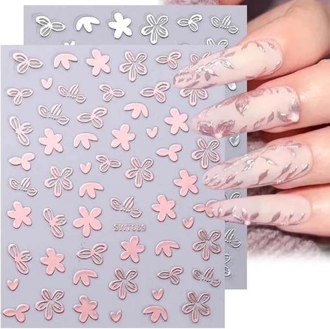 8 Sheets Flower Leaf Nail Stickers - 3D Self-Adhesive Metal Flower Nail Decals in Gold, Silver & Rose Gold - Floral Nail Designs with Retro Petal Leaves - Perfect for Women's Manicure Decoration
