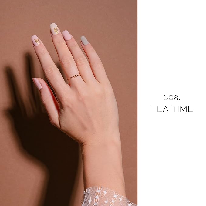 NAILOG Semi Cured Gel Nail Strips, 20Pcs Nude Color Goldleaf Long Lasting Gel Nail Stickers, Salon Quality Easy Apply & Remove Works with Any UV/LED Nail Lamps, Tea Time