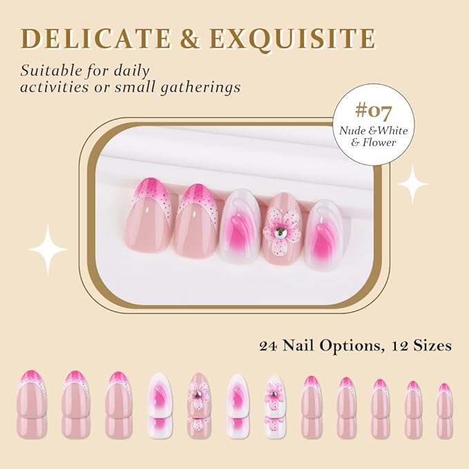 evpct 3D Flower French Tip Press on Nails Short Almond, Nude Pink White Glossy Fake Nails with Peach Flower & Rhinestones Designs, Stick on Nails with Nail Kit, 24Pcs Reusable Stick on Nail Kit Women