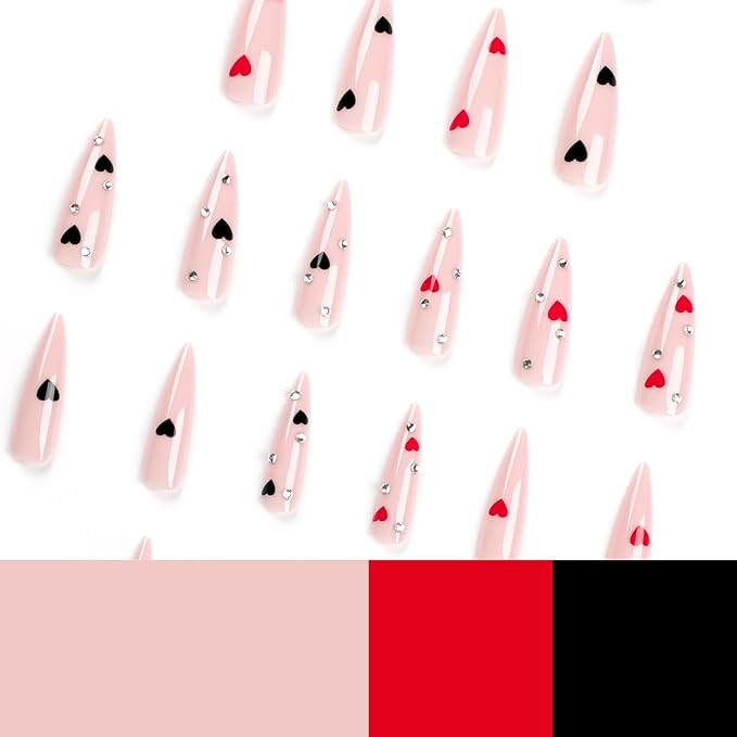 24Pcs Valentines Press on Nails Long Almond Fake Nails Black Red Heart with Rhinestones Design False Nails Romantic Peach Heart Full Cover Glue on Nail Stick on Nails Acrylic Nail for Women DIY Kit