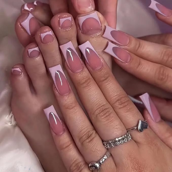 60 Pcs Pink French Tip Press on Nails Square & Press on Toenails Set, Medium Fake Nails Short Square Press on Toe Nails Summer False Nails Full Cover Stick on Toenails for Women