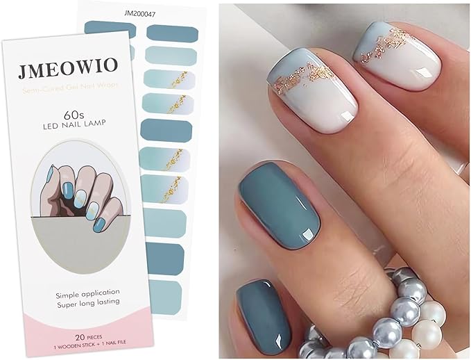 JMEOWIO Gel Nail Stickers Gold Glitter Gradient Blue Semi Cured Gel Nail Strips Wraps UV/LED Nails Art Design Decoration Accessories