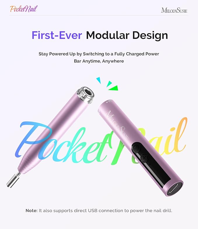 MelodySusie PocketNail Pen-Shaped Cordless Modular Nail Drill, PC100GR 20000RPM Slim Portable Rechargeable Electric File for Manicure Pedicure Nail Care, Shaping & Gel Removal at Home for Beginners
