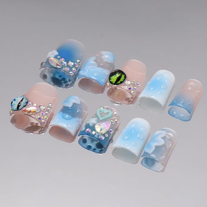 Handmade Nails Thick Press on Nails Medium Duck Nails Blue Fake Nails with Gem Design Reusable Acrylic Nails with Glue 3D Flower Art Nature Stick on Nail Luxury False Nails for Wome (Size M)