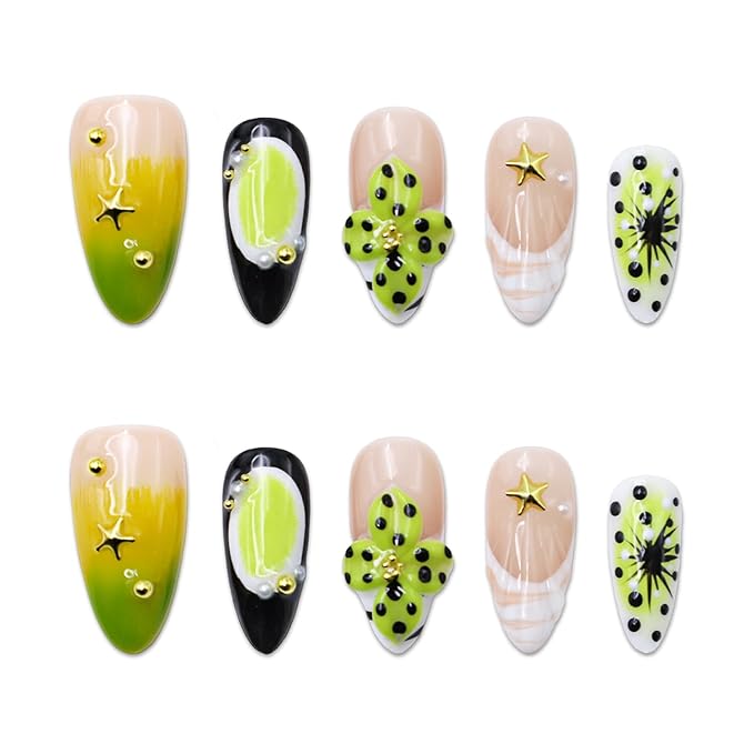 Handmade Press on Nails Medium Almond Nails 3D Green Floral Carved Press Ons Nails Nude Pink Fake Nails Press on Nail Glossy French Tip False Nails with Glue for Women Reusable Acrylic Nails (Size M)