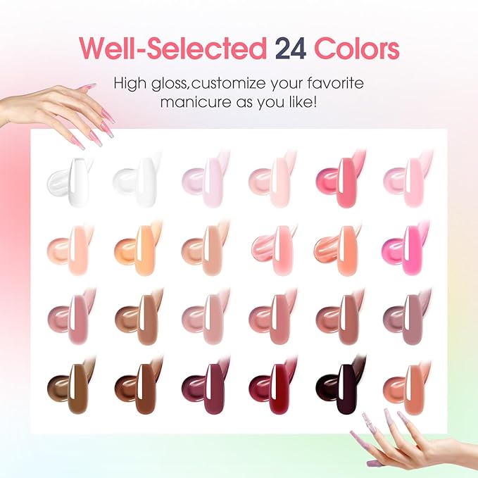 ROSALIND Poly Nail Gel Kit -24 Colors + Pink Brown with Accessories Clear Nude Poly Nails Gel Starter Kit with Mini UV Lamp Slip Solution Base Top Coat Nude Pink Extensions Set