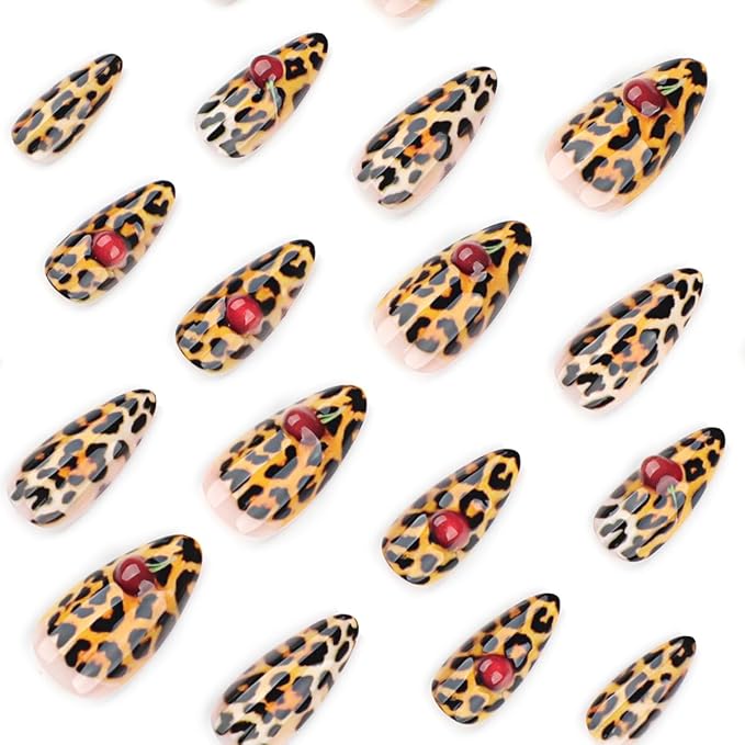 Leopard Press on Nails Short Almond Fake Nails Yellow Nails Press ons with Leopard Print & Cherry Designs Glossy Acrylic Full Cover Stick on Nail for Women Girls Manicure 24Pcs