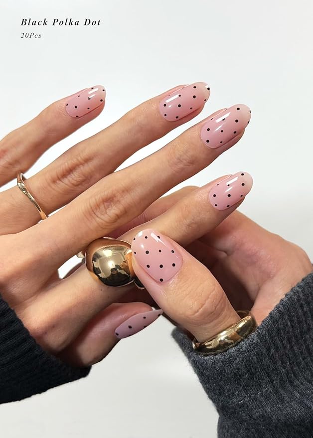 Semi Cured Gel Nail Strips (Black Polka Dot), Bare Pink, 20 Pcs Gel Nail Wraps, Stickers, Long Lasting, Works With Any UV Lamps