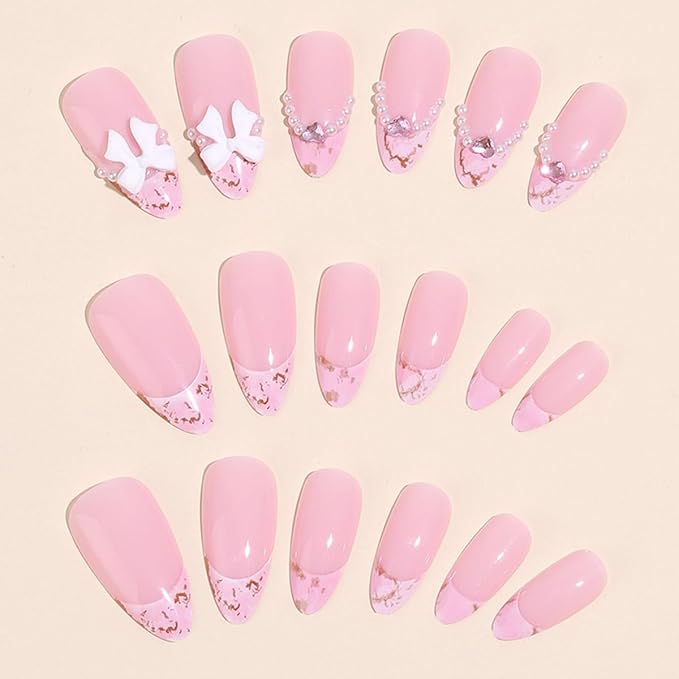 Press on Medium Nails - Almond Fake Nails with Bow Charms Design - Pink, French Tip False Nails - for Women 24 Pcs