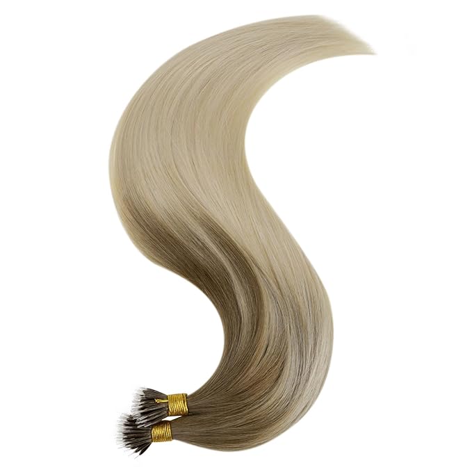 RUNATURE Ombre Nano Hair Extensions Human Hair Balayage Walnut Brown to Ash Brown with Light Blonde Human Hair Nano Ring Extensions Cold Fusion Nano beads Hair Extensions Natural 14 Inch 50g 50s
